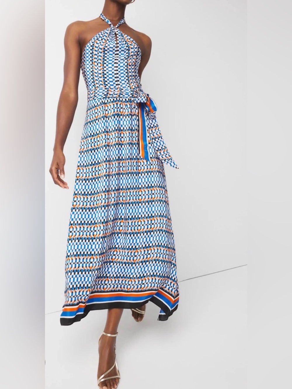 White House Black Market Blue White Orange Geometric Halter Maxi Dress